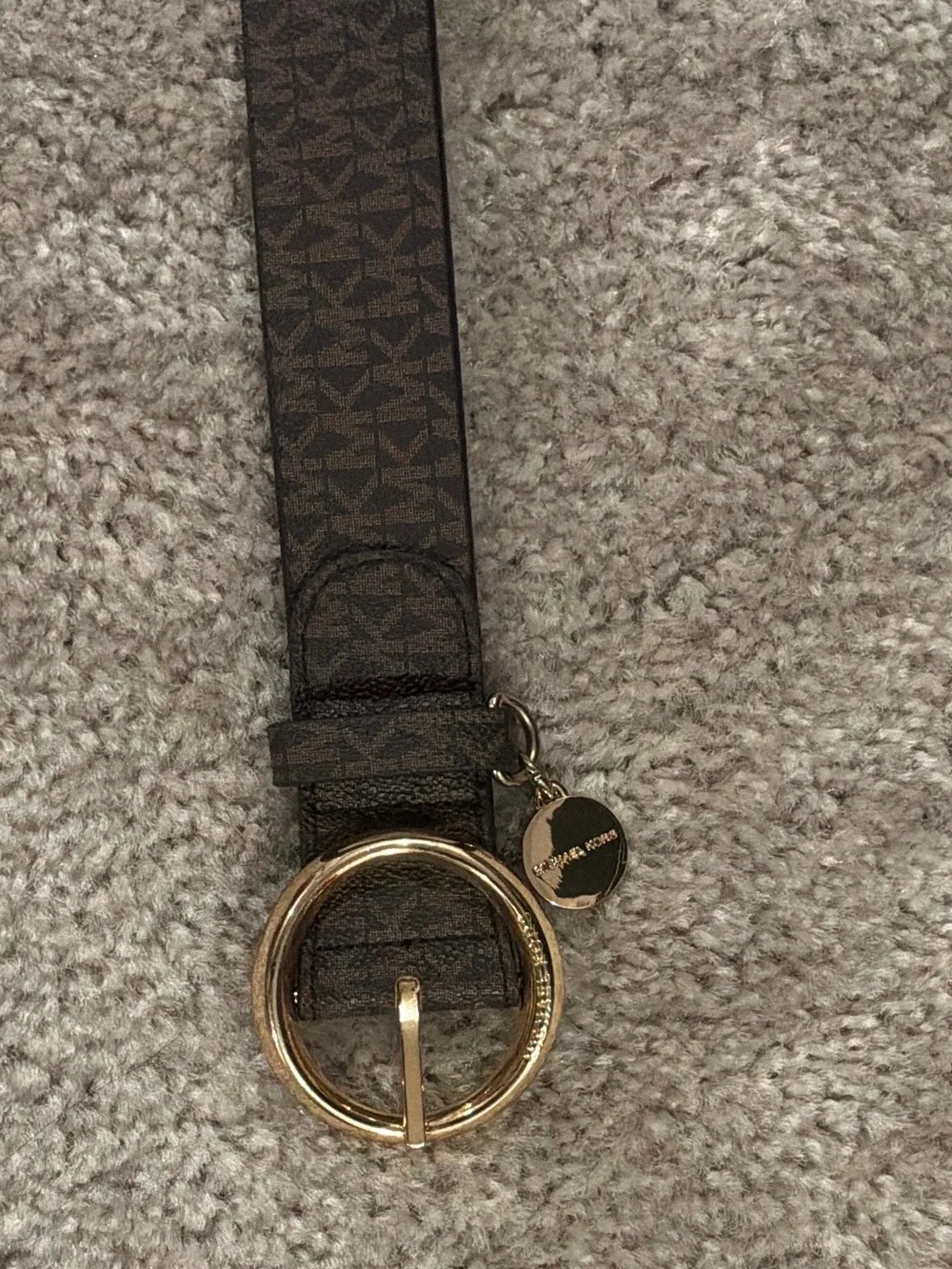 Michael Kors Brown Monogram Leather Belt with Gold Round Buckle